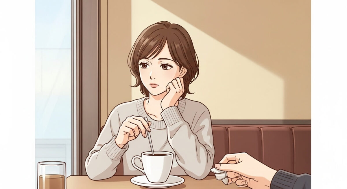 カフェで一人、思いにふける日本人女性