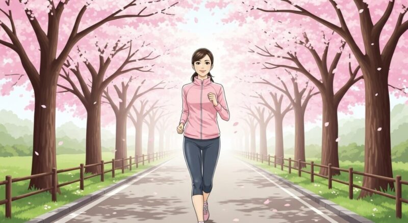 桜が舞う朝の道を走る日本人女性