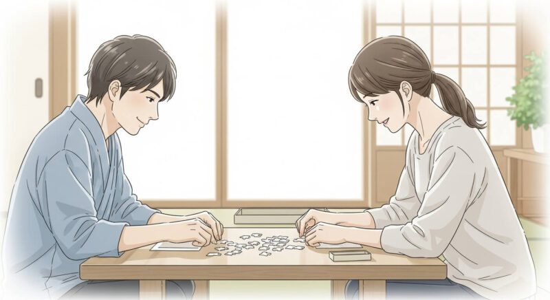 畳の部屋で穏やかにパズルを楽しむカップル