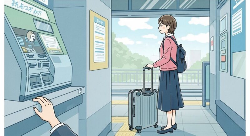 旅立ちを前に駅で決意を固める女性