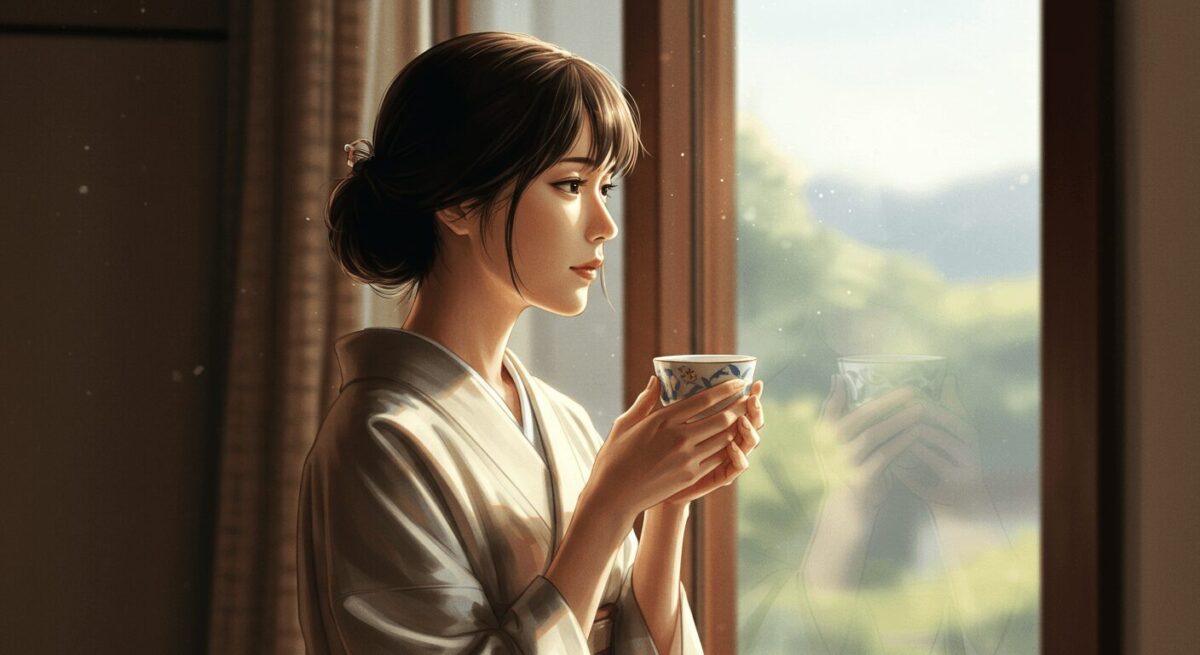 静かな窓辺でお茶を持ち、復縁の可能性を静かに考える女性