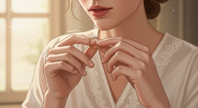 左手の中指に指輪をつける落ち着いた雰囲気の女性