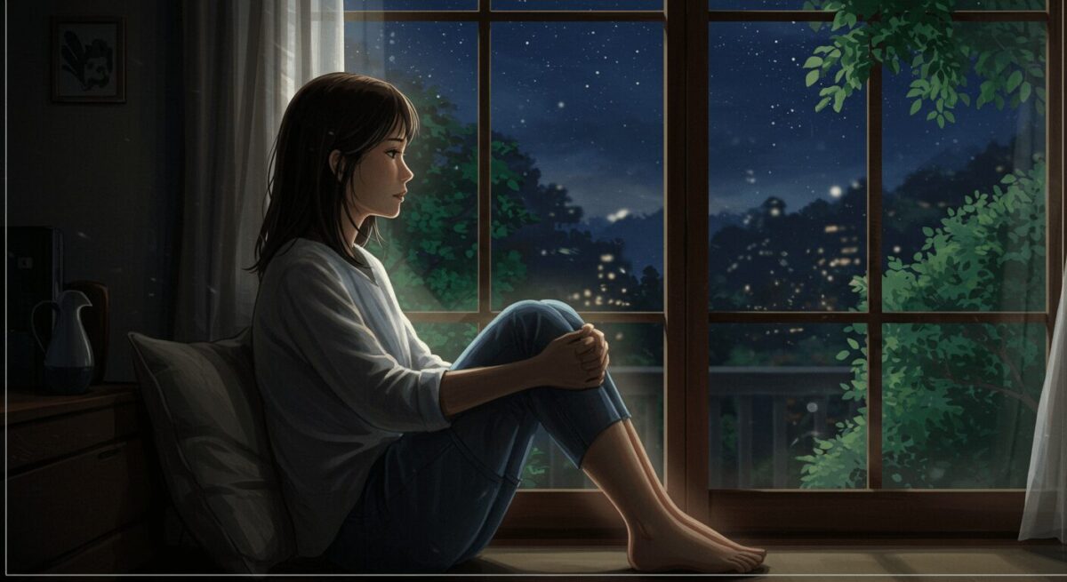 夜の窓辺で物思いにふける大人の日本人女性