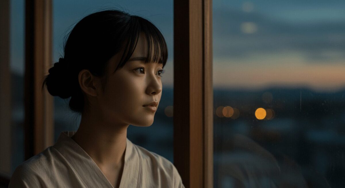 夕暮れ時に窓辺で物思いにふける日本人女性