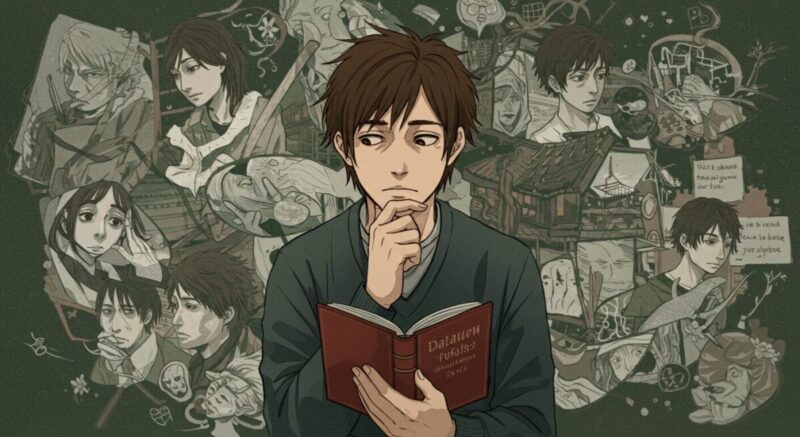 夢の意味に悩む男性とぼんやりとした夢のイメージが描かれた