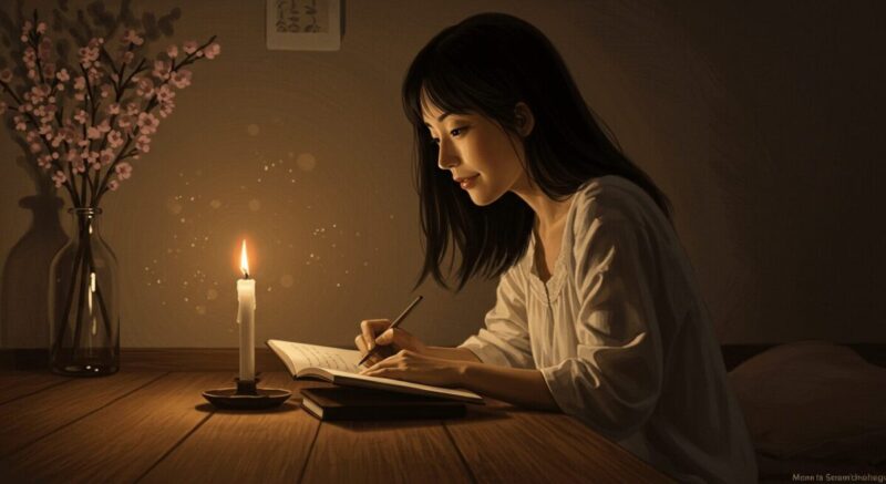夢日記をつけて自分と向き合う日本人女性の落ち着いた雰囲気
