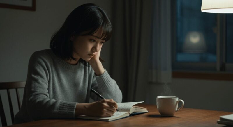夢の意味をノートに書きながら冷静に見つめ直す女性