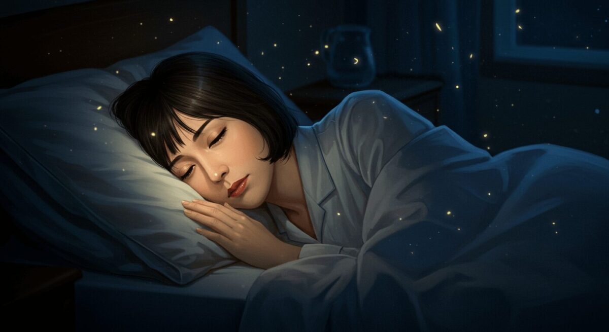 静かな夜、穏やかな表情で眠る日本人女性の繊細なイラスト。夢の余韻を感じる雰囲気。