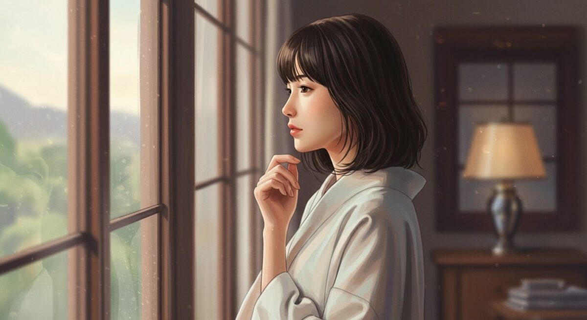 窓辺で物思いにふける日本人女性の繊細で落ち着いた雰囲気