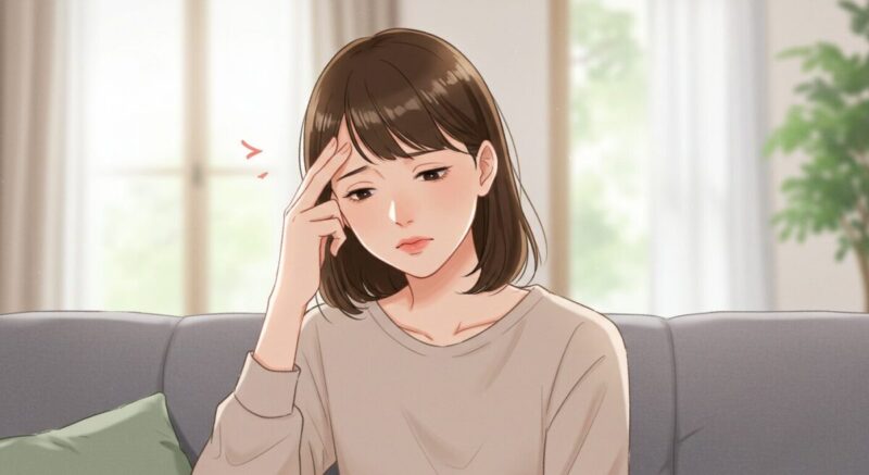 軽い体調変化を感じて静かに座る女性の優しい印象