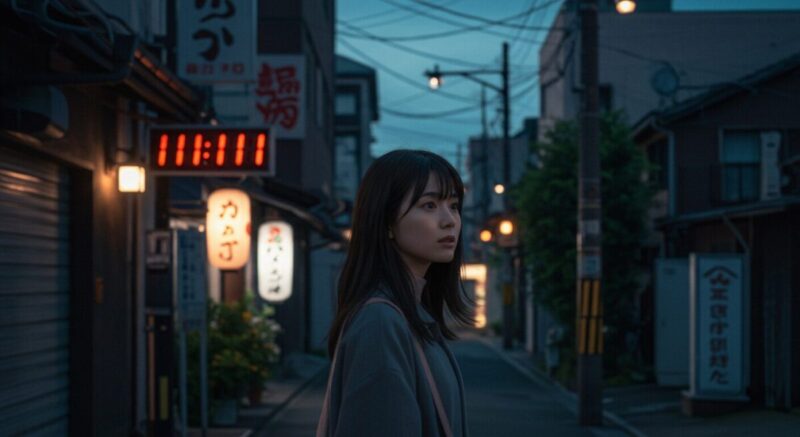 夕暮れの街で不思議な気配を感じながら歩く女性