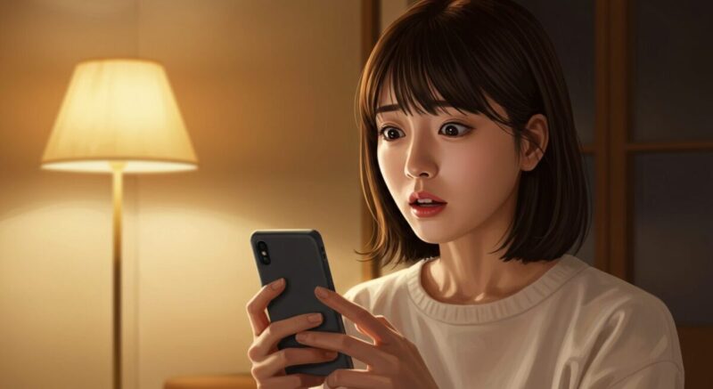 スマホの通知を見て驚きながらも微笑む女性