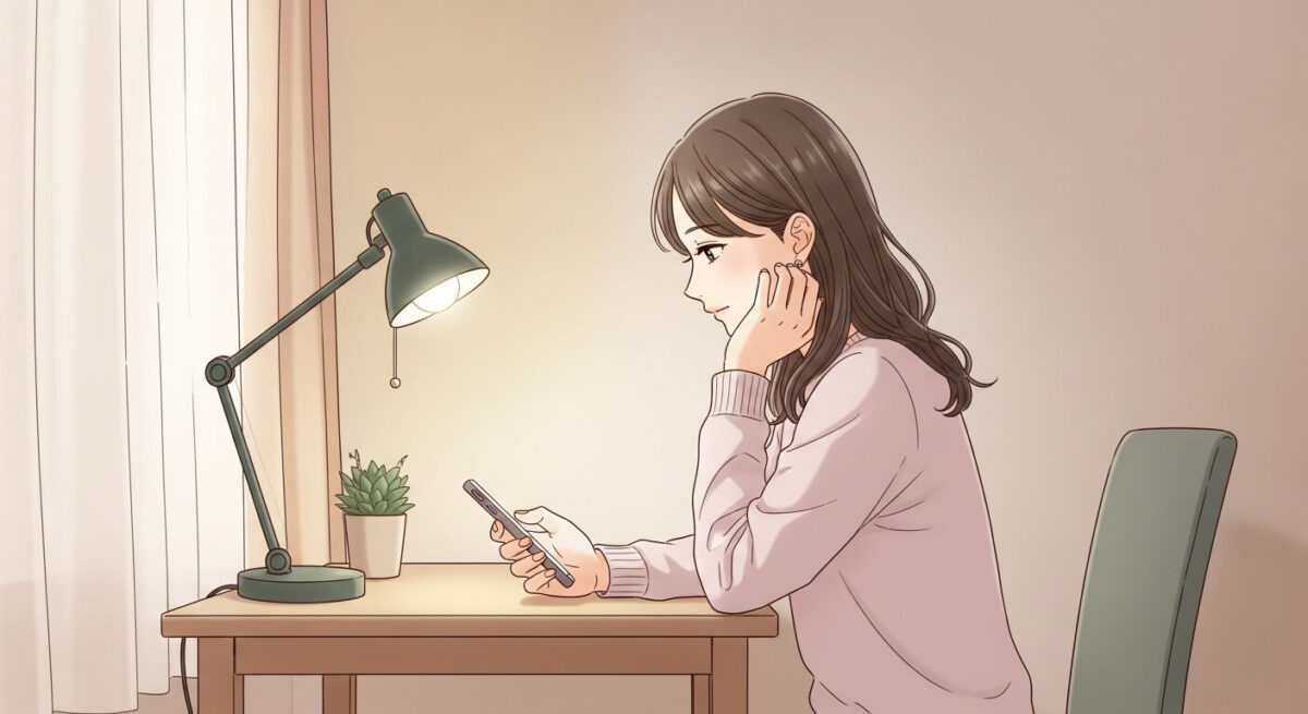 スマホを見ながら静かに考え込む日本人女性の落ち着いた雰囲気