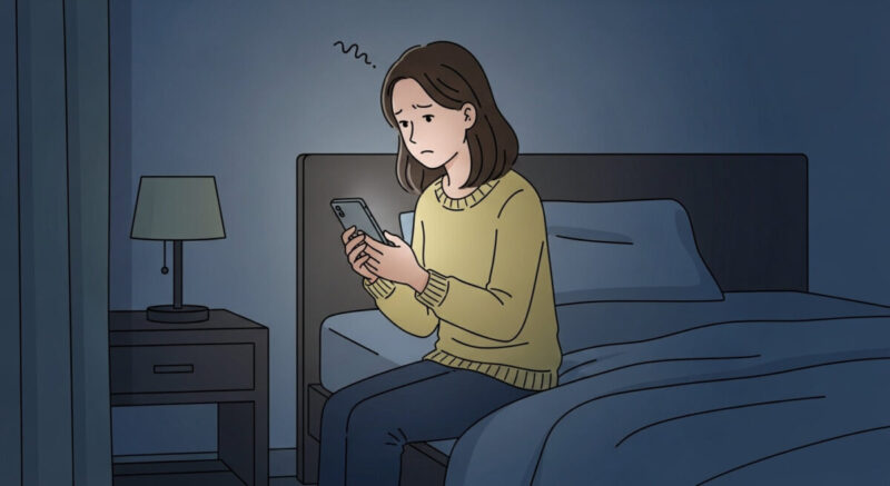 元恋人の反応が気になり、不安な表情でスマホを見つめる日本人女性