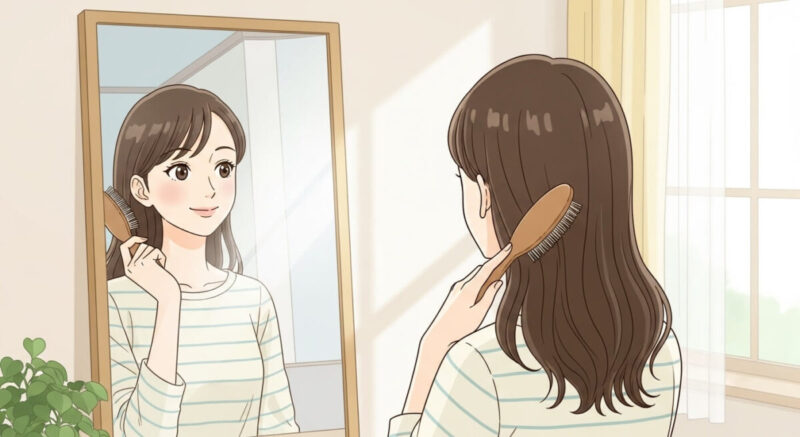 自己改善に取り組む日本人女性が鏡に向かって微笑む様子