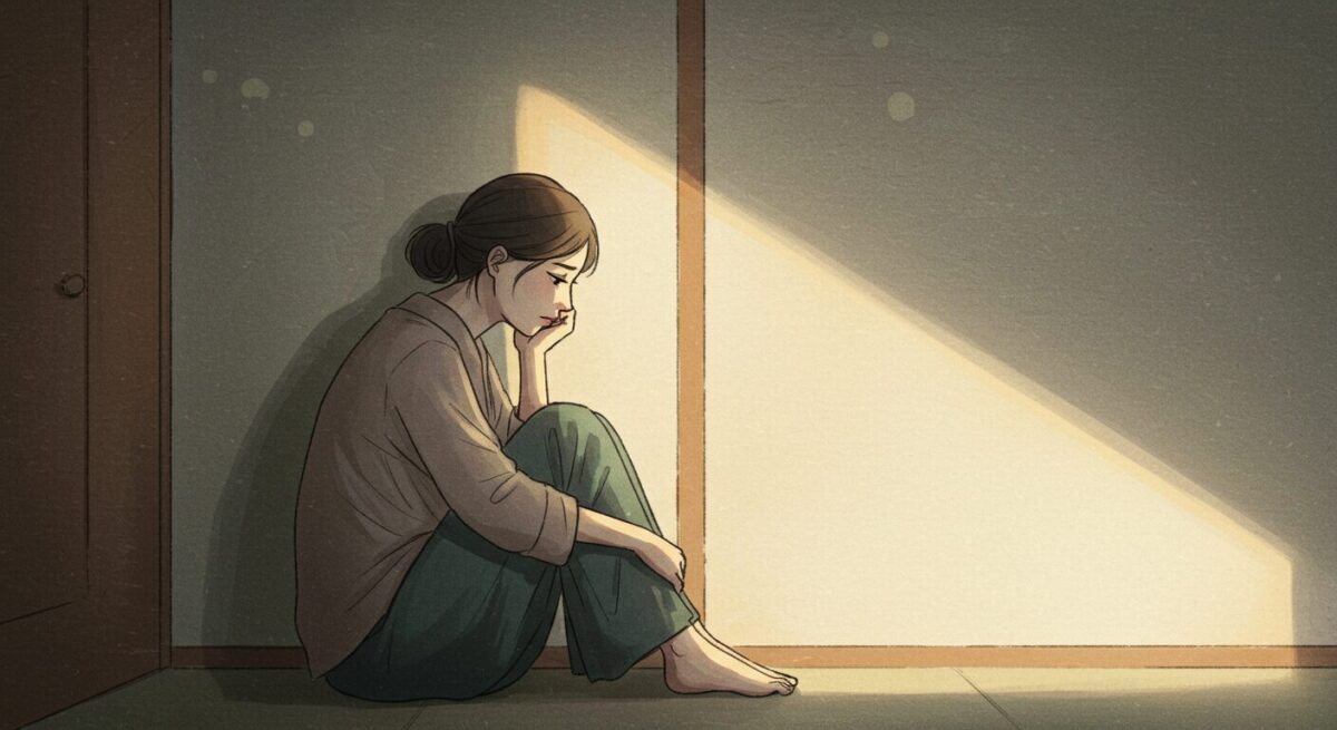 静かな部屋でひとり悩む女性のイラスト。切なさと迷いを抱えた表情が描かれている。