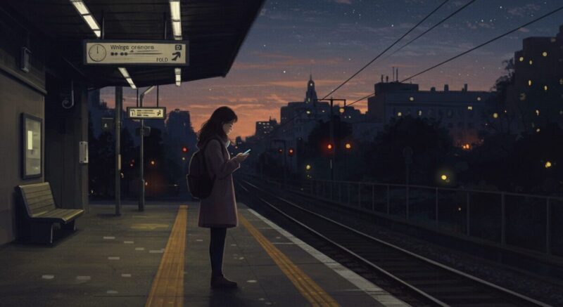 夕暮れの駅で立ち止まり、スマホを手に迷う女性の繊細なイラスト。