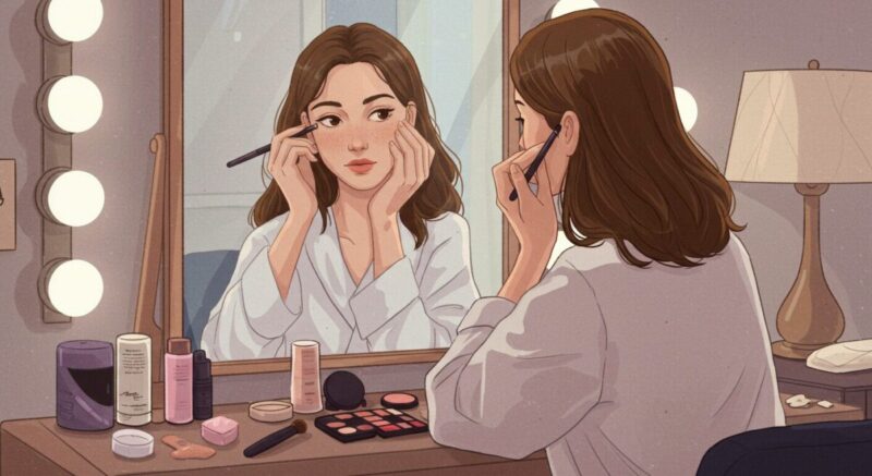 鏡の前で身だしなみを整える女性のイラスト。自分磨きの静かな時間を描く。
