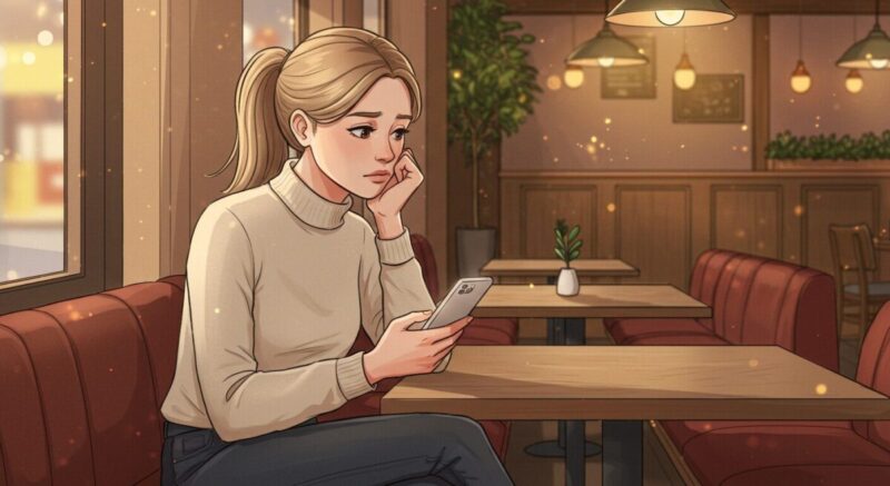 カフェでスマホを見つめながらメッセージを考える女性の落ち着いたイラスト。