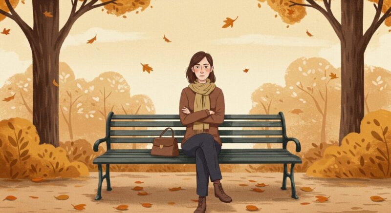 公園のベンチで思案する女性のイラスト。覚悟を決めようとする静かな決意を表現。