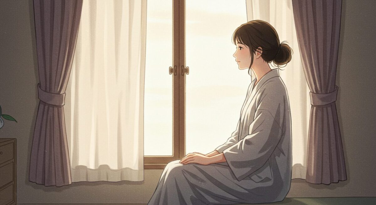窓辺で静かに佇み、外を見つめる女性の繊細なイラスト。復縁への迷いと想いを表す。