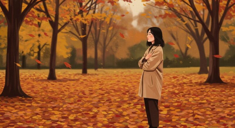 落ち葉のある公園でひとり考え込む女性のイラスト。復縁の現実を受け止める姿。