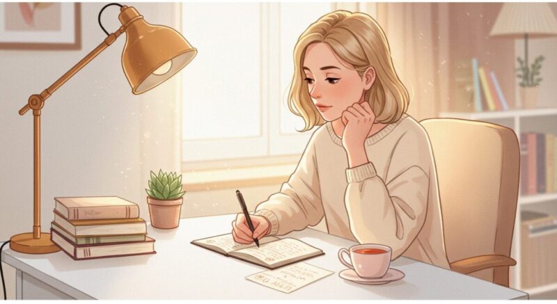 ノートに向かって自身と向き合う女性のイラスト。復縁へ向けた心の準備を表現。