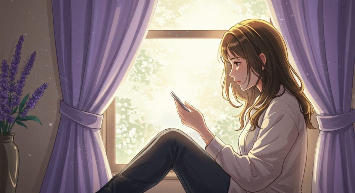 スマートフォンを見つめる女性が窓辺に座り、再び彼から連絡が来ることを願っている様子の繊細なイラスト