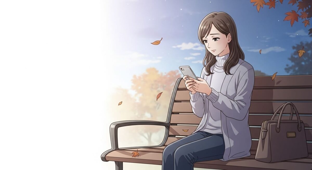 スマホを見つめながら静かに座る日本人女性の哀しみと希望