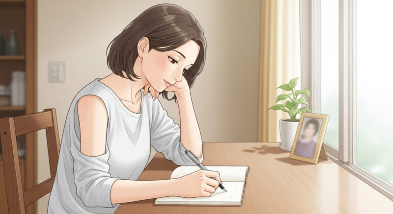 過去を振り返りながら静かに日記を綴る日本人女性