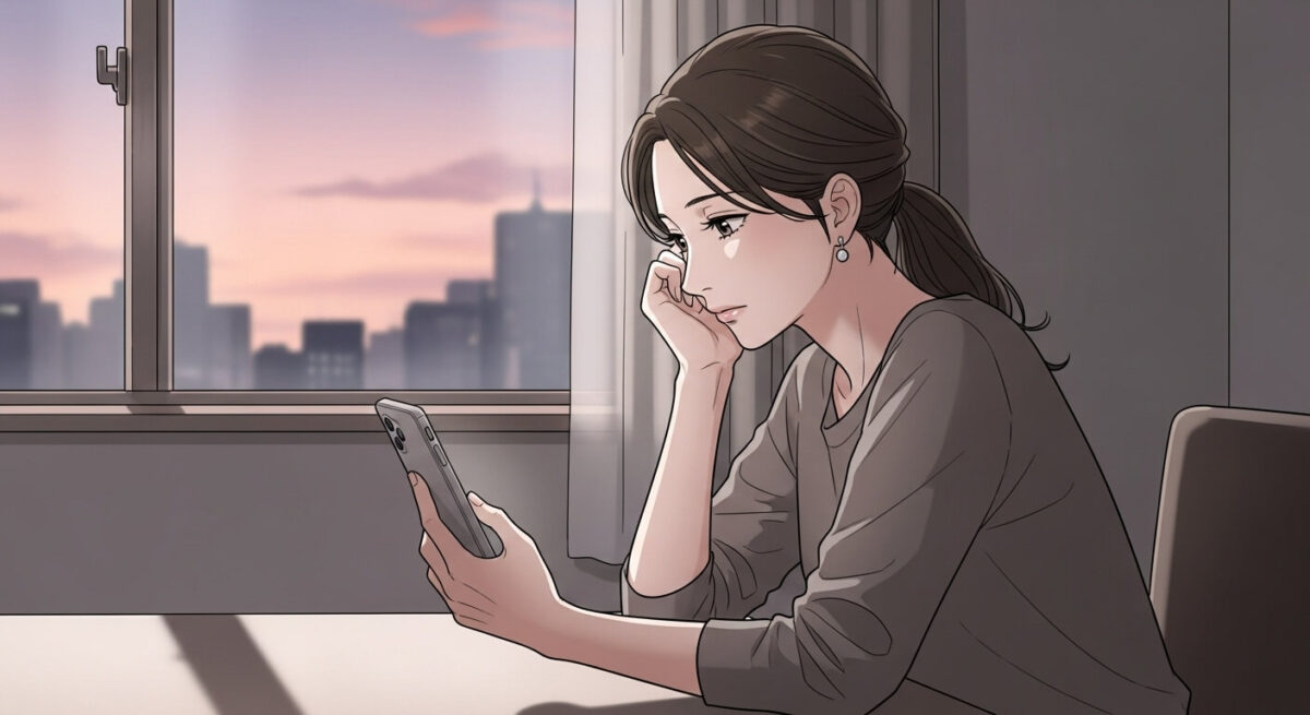 スマートフォンを静かに見つめる日本人女性