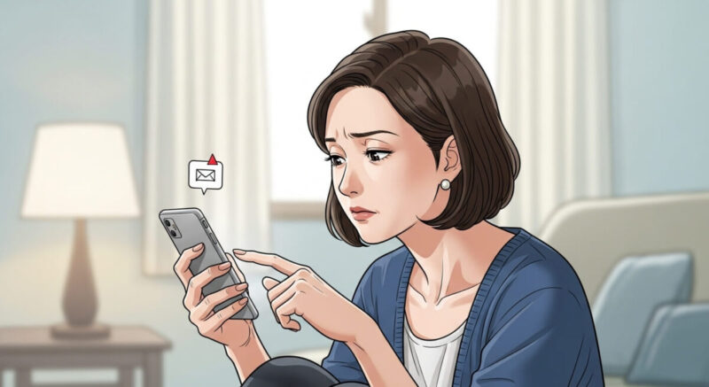 スマホの未読通知に気づきつつも開かず考え込む日本人女性