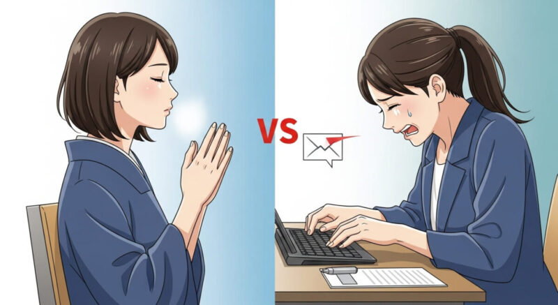 冷静な対応と衝動的な行動を対比する日本人女性のシーン