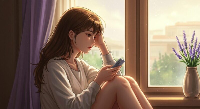 スマートフォンを見つめながら窓辺で静かに考える女性の繊細なイラスト