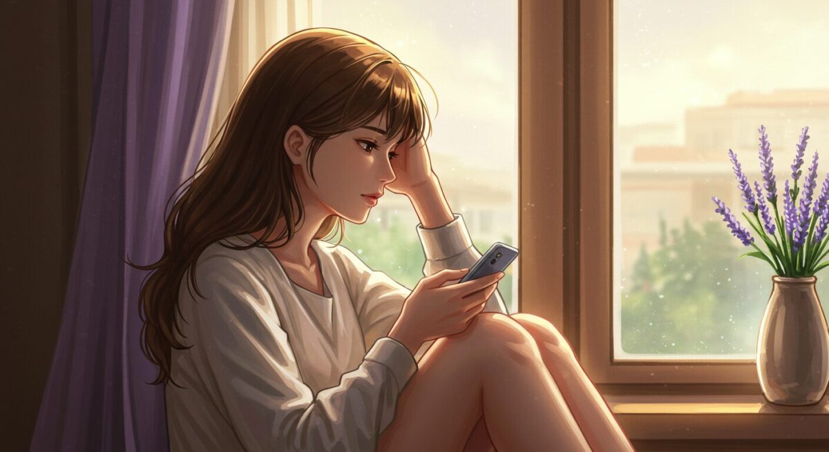 スマートフォンを見つめながら窓辺で静かに考える女性の繊細なイラスト