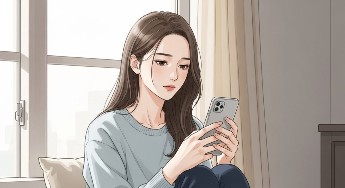 窓際でスマホを見つめる30代女性が、静かに物思いにふけっている様子のイラスト