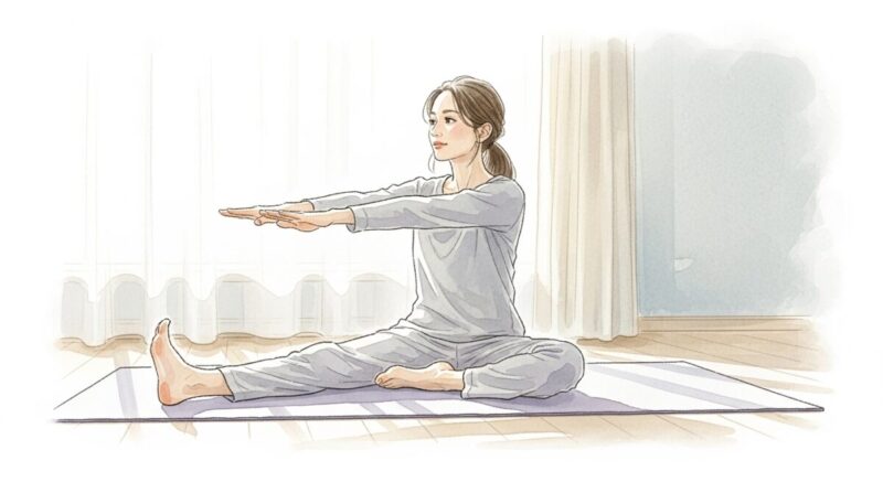 朝日を浴びながらストレッチをする30代女性の穏やかなイラスト