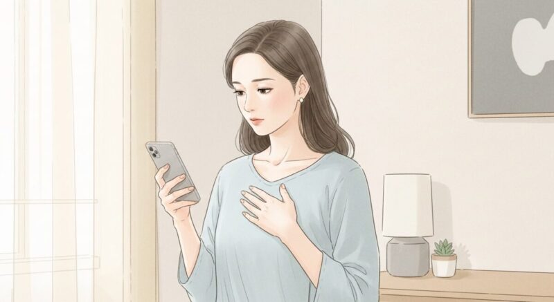 SNSの投稿を見て胸を押さえる30代女性の感情的なイラスト