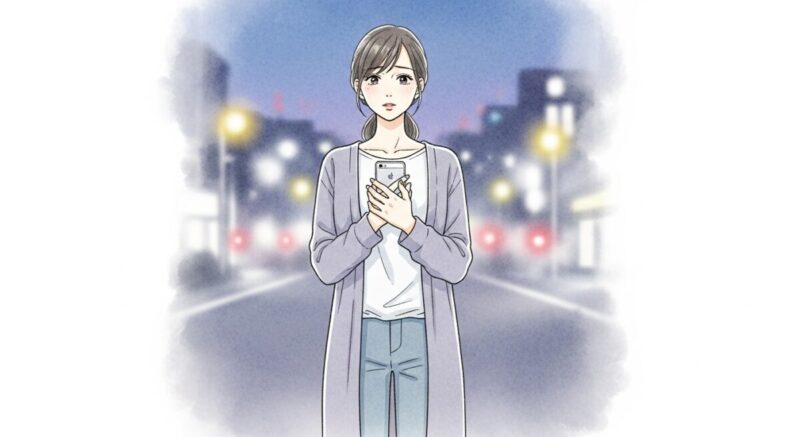 夕暮れの街角でスマートフォンを胸元に抱くように持つ日本人女性のイラスト。表情には希望と緊張がにじんでいる。