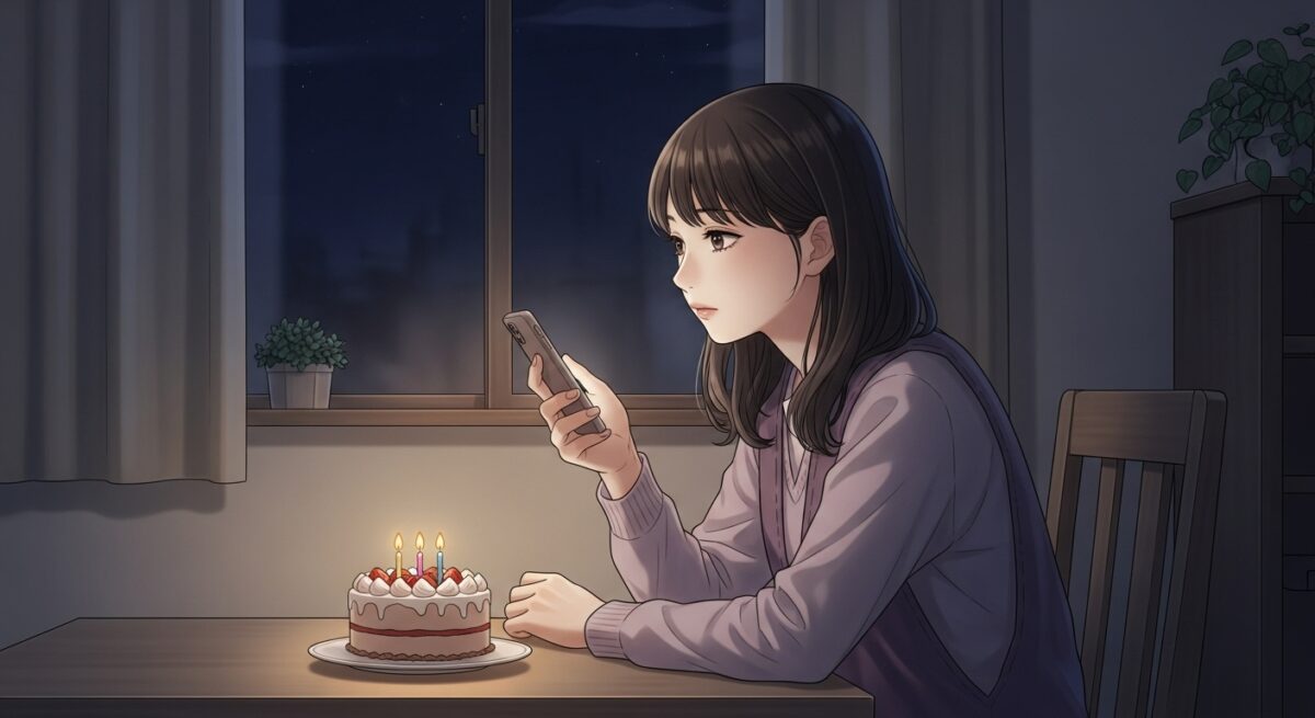 スマートフォンを手に持ち、小さな誕生日ケーキを見つめる日本人女性の繊細なイラスト