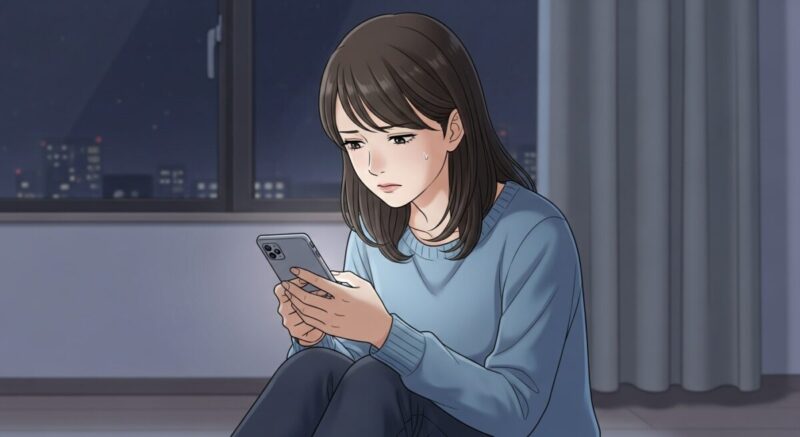 夜の部屋でスマートフォンを手にし、迷いながら静かにうつむく日本人女性のイラスト