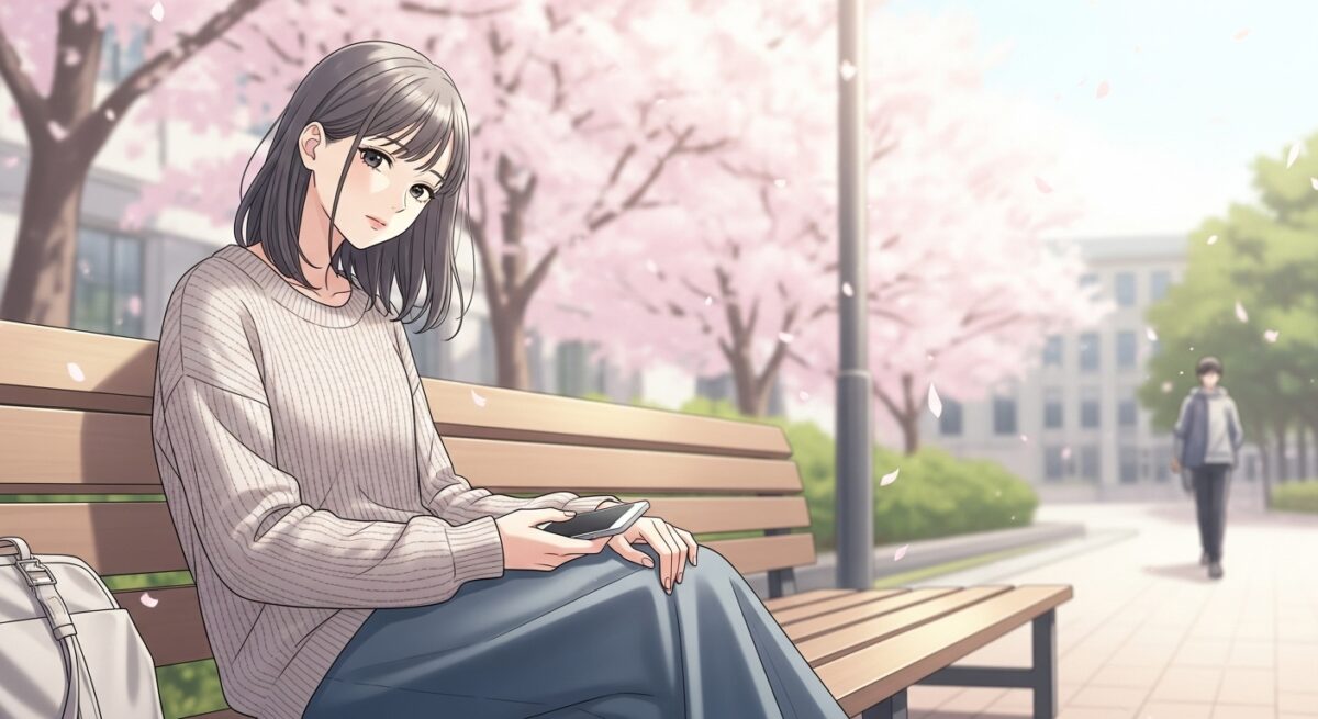 春のキャンパスで私服姿の女子大学生がスマホを膝に置き、静かに物思いにふけるイラスト。