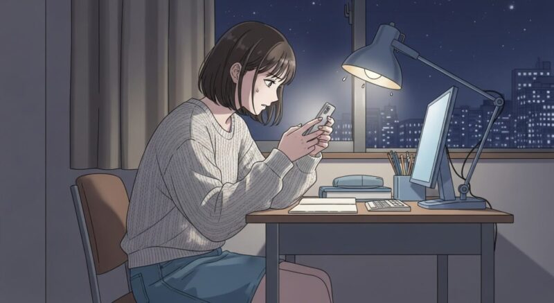 夜の自室でスマホを見つめ、不安げな表情を浮かべるニット姿の女子大学生のイラスト。