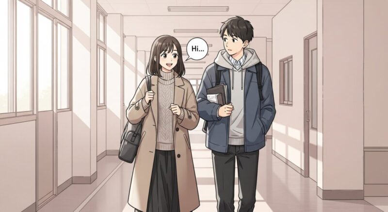 大学の廊下ですれ違いざまに微笑みかける私服姿の女子大学生と、驚きつつ応じる男子学生のイラスト。