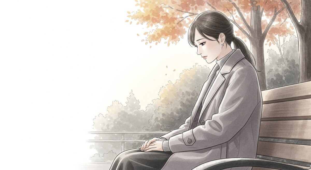 夕暮れの公園のベンチにひとりで座る日本人女性のイラスト。物思いにふけるような繊細で落ち着いた雰囲気。
