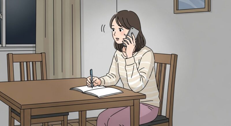 夜、自宅のダイニングで電話占いを受けながらメモを取る日本人女性のイラスト。真剣で静かな空気感が描かれている。