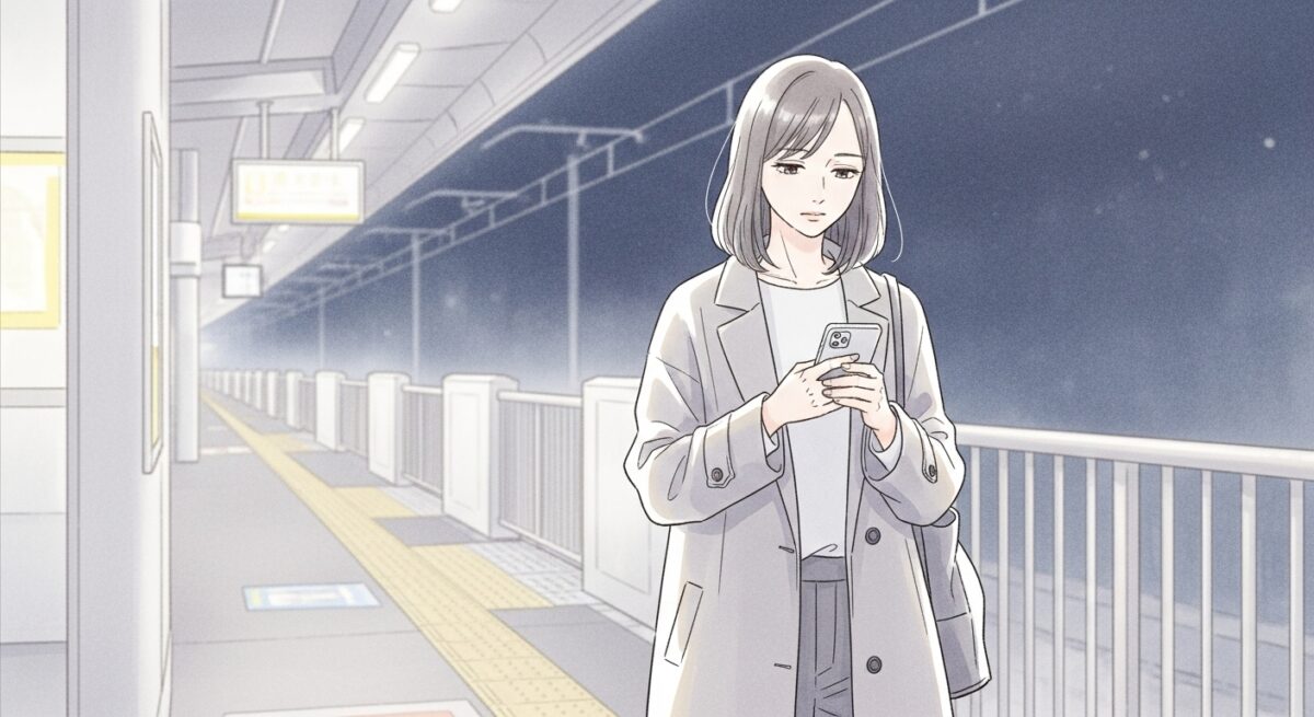 夜の駅でスマホを両手に持ちながら下を向く女性の姿が、冷却期間中の遠距離恋愛の孤独を表現した繊細なイラスト。