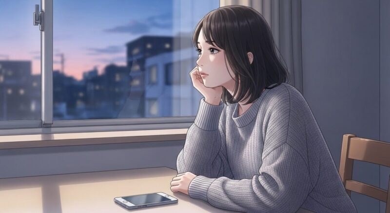 静かな部屋の窓辺でスマホに手を添えながら外を見つめる女性が、連絡が途絶えた不安を抱える姿のイラスト。