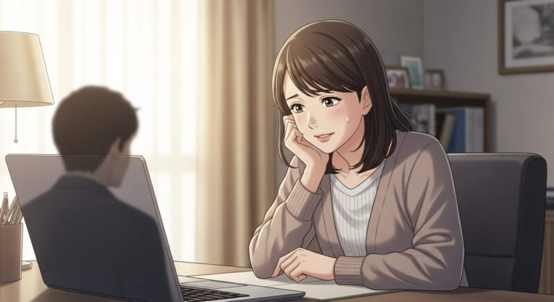 ノートパソコンの画面越しに彼と通話しながら、少し緊張した笑みを浮かべる女性のイラスト。