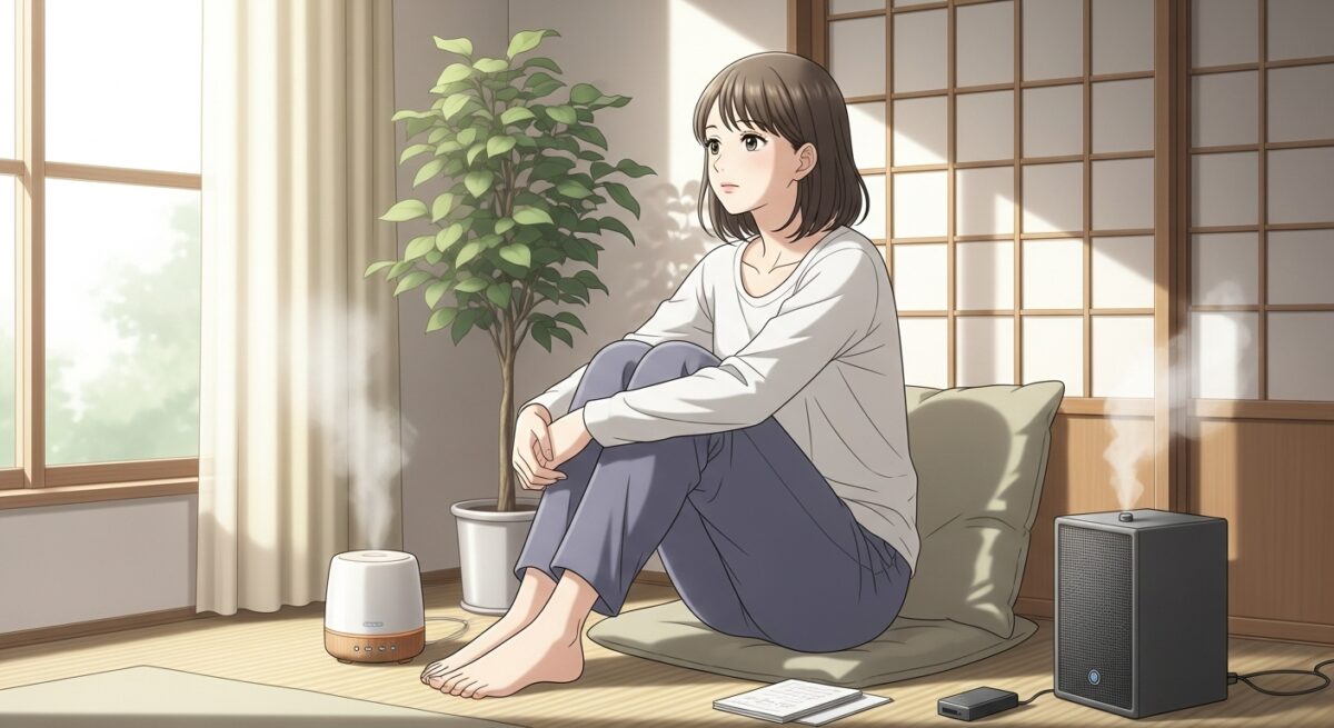 アロマディフューザーと音楽に癒される静かな時間を過ごす日本人女性の繊細なイラスト